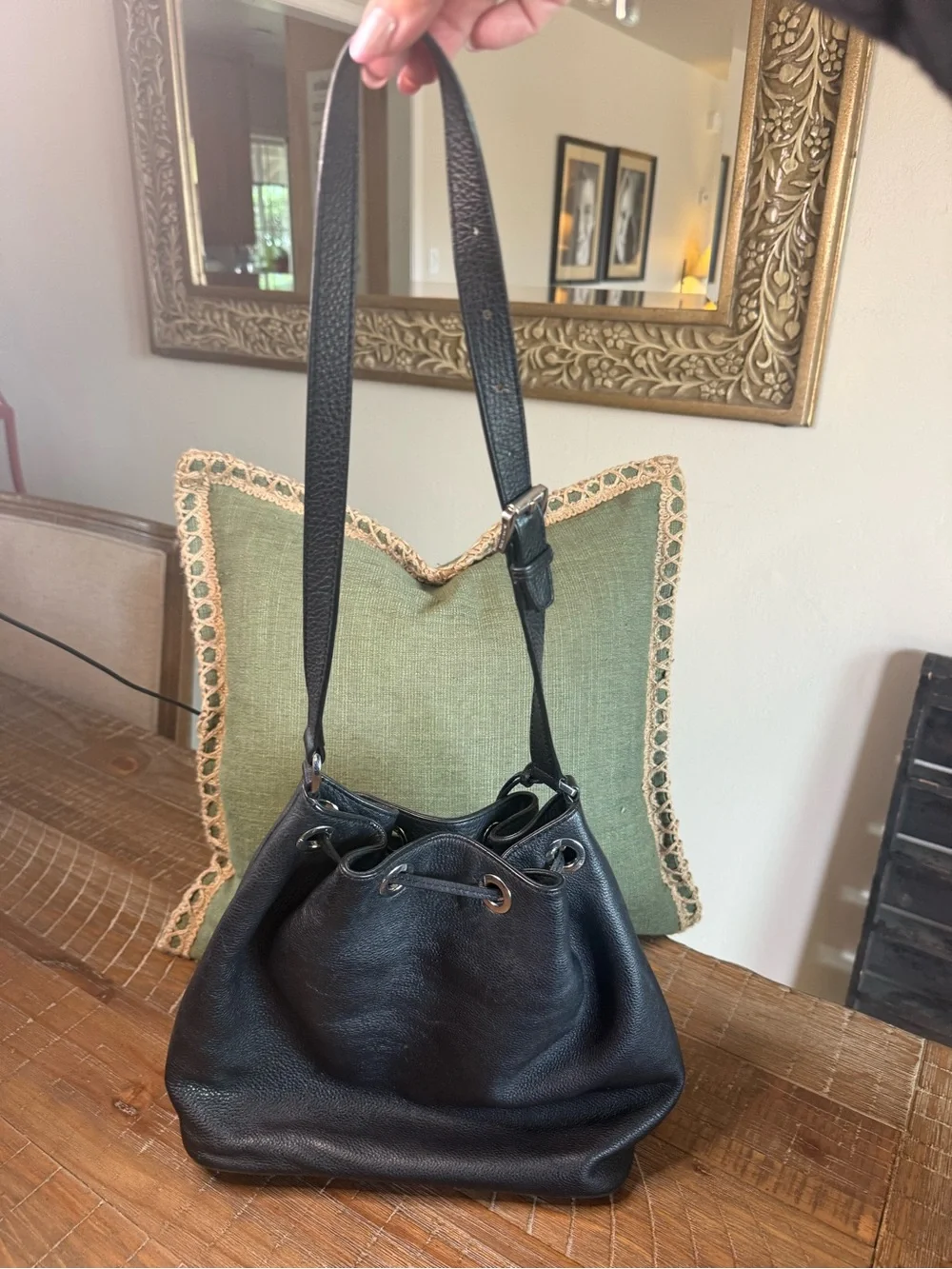 Michael Kors Jules Black Pebbled Leather Drawstring Bucket Bag Silver